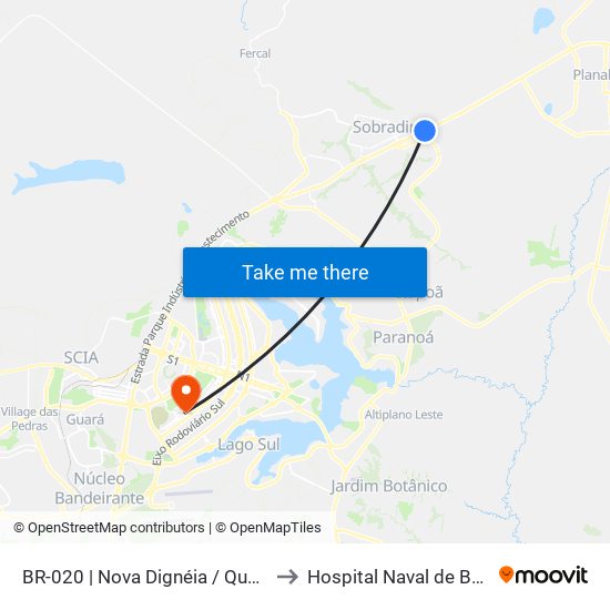 BR-020 | Nova Dignéia / Quadra 18 to Hospital Naval de Brasília map