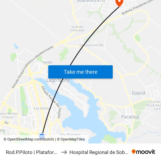 Rod.P.Piloto | Plataforma D (Box 16) to Hospital Regional de Sobradinho (HRSo) map
