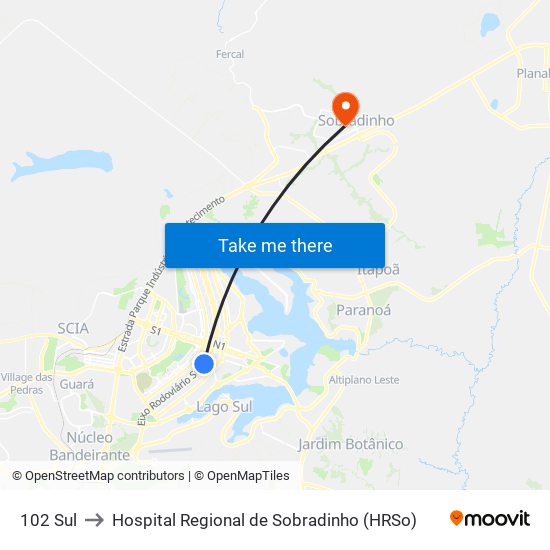 102 Sul to Hospital Regional de Sobradinho (HRSo) map