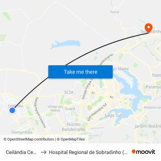 Ceilândia Centro to Hospital Regional de Sobradinho (HRSo) map