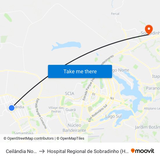 Ceilândia Norte to Hospital Regional de Sobradinho (HRSo) map