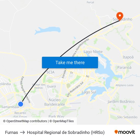 Furnas to Hospital Regional de Sobradinho (HRSo) map