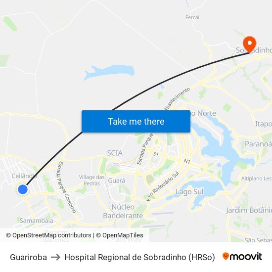 Guariroba to Hospital Regional de Sobradinho (HRSo) map