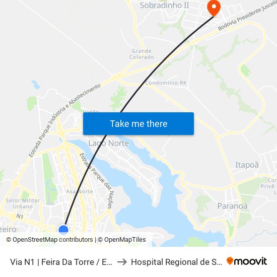 Via N1 | Feira Da Torre / Eixo Ibero-Americano to Hospital Regional de Sobradinho (HRSo) map