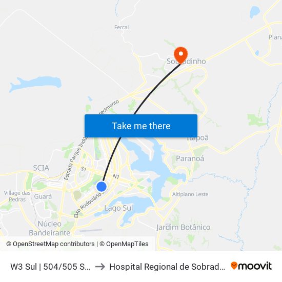 W3 Sul | 504/505 Sul (SESC) to Hospital Regional de Sobradinho (HRSo) map