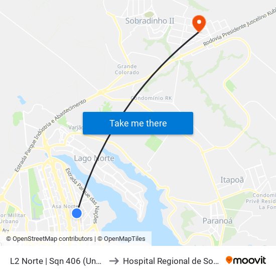 L2 Norte | SQN 406 (UnB / CEAN) to Hospital Regional de Sobradinho (HRSo) map