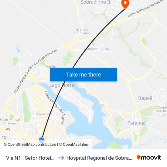 Via N1 | Setor Hoteleiro Norte to Hospital Regional de Sobradinho (HRSo) map