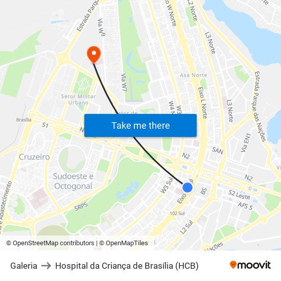 Galeria to Hospital da Criança de Brasília (HCB) map