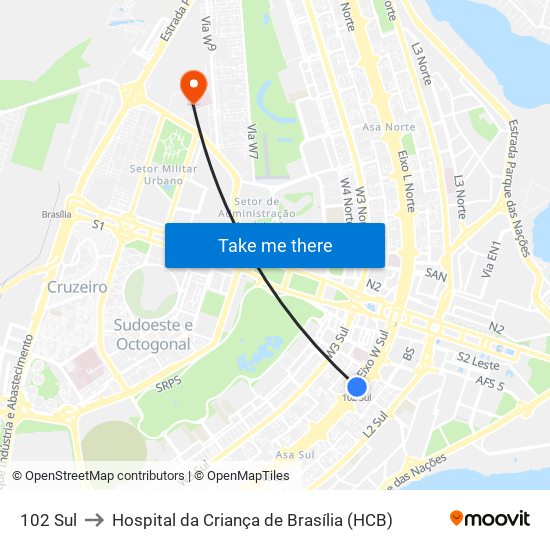 102 Sul to Hospital da Criança de Brasília (HCB) map