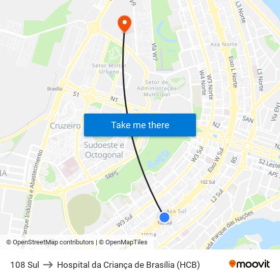 108 Sul to Hospital da Criança de Brasília (HCB) map