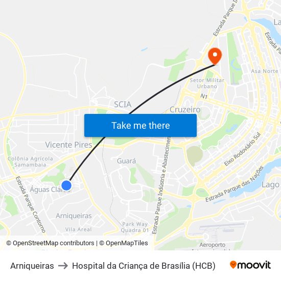 Arniqueiras to Hospital da Criança de Brasília (HCB) map