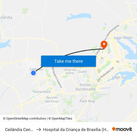 Ceilândia Centro to Hospital da Criança de Brasília (HCB) map