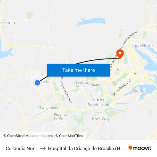 Ceilândia Norte to Hospital da Criança de Brasília (HCB) map