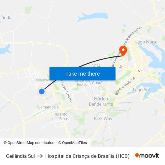 Ceilândia Sul to Hospital da Criança de Brasília (HCB) map