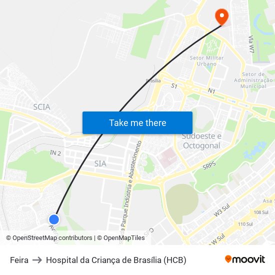 Feira to Hospital da Criança de Brasília (HCB) map