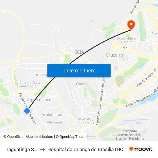 Taguatinga Sul to Hospital da Criança de Brasília (HCB) map