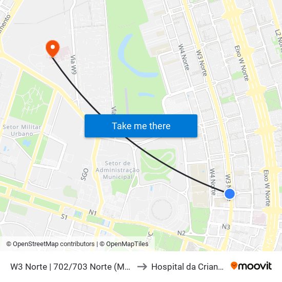 W3 Norte | 702/703 Norte (Marista / Paróquia N. Sra. Saúde) to Hospital da Criança de Brasília (HCB) map