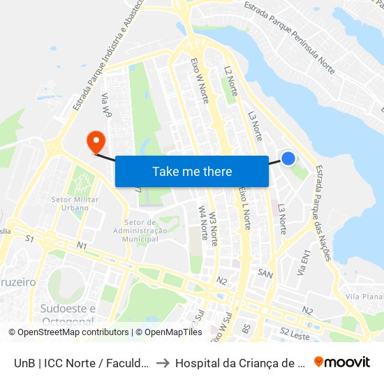 UnB | ICC Norte / Faculdade de Direito to Hospital da Criança de Brasília (HCB) map