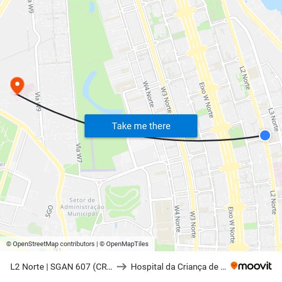 L2 Norte | SGAN 607 (CRE Plano Piloto) to Hospital da Criança de Brasília (HCB) map