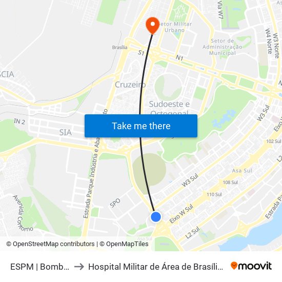 ESPM | Bombeiros to Hospital Militar de Área de Brasília (HMAB) map