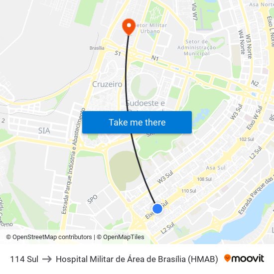114 Sul to Hospital Militar de Área de Brasília (HMAB) map