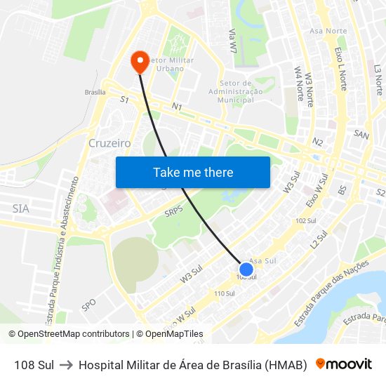 108 Sul to Hospital Militar de Área de Brasília (HMAB) map