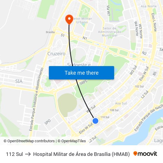 112 Sul to Hospital Militar de Área de Brasília (HMAB) map