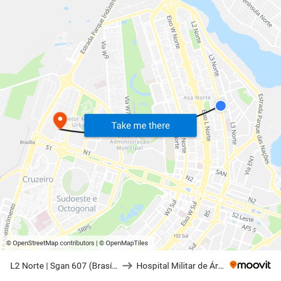 L2 Norte | SGAN 607 (CRE Plano Piloto) to Hospital Militar de Área de Brasília (HMAB) map