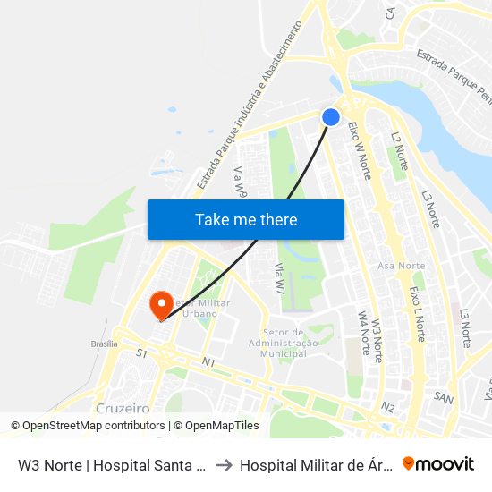 W3 Norte | Hospital Santa Helena / Santa Lúcia Norte to Hospital Militar de Área de Brasília (HMAB) map