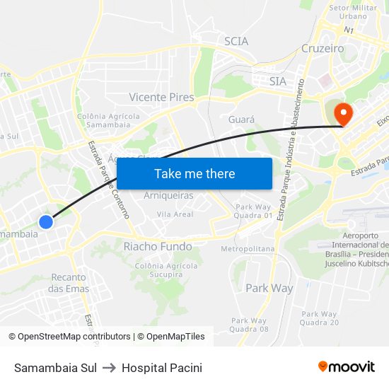 Samambaia Sul to Hospital Pacini map
