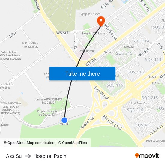 Asa Sul to Hospital Pacini map