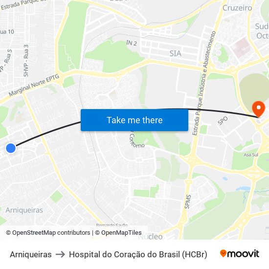 Arniqueiras to Hospital do Coração do Brasil (HCBr) map