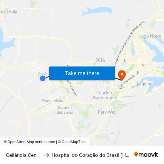 Ceilândia Centro to Hospital do Coração do Brasil (HCBr) map