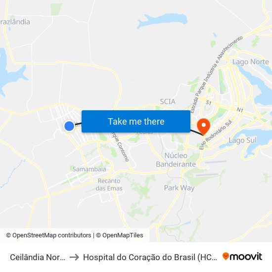 Ceilândia Norte to Hospital do Coração do Brasil (HCBr) map