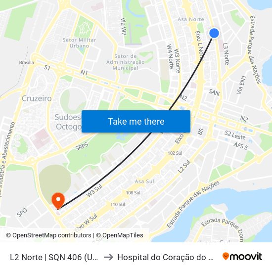 L2 Norte | SQN 406 (UnB / CEAN) to Hospital do Coração do Brasil (HCBr) map