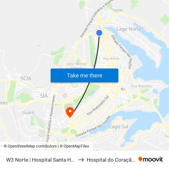 W3 Norte | Hospital Santa Helena / Santa Lúcia Norte to Hospital do Coração do Brasil (HCBr) map