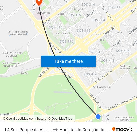L4 Sul | Parque da Vila Telebrasília to Hospital do Coração do Brasil (HCBr) map