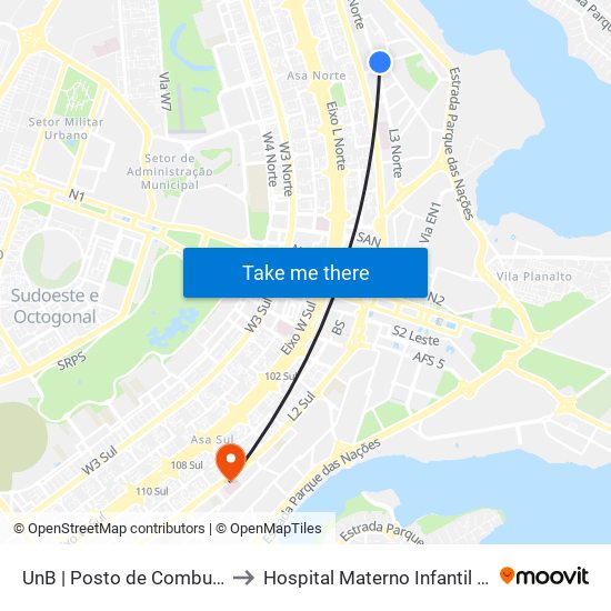 UnB | Posto de Combustíveis / Subway to Hospital Materno Infantil de Brasília (HMIB) map