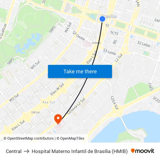 Central to Hospital Materno Infantil de Brasília (HMIB) map