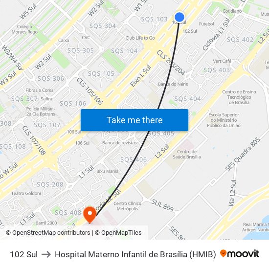 102 Sul to Hospital Materno Infantil de Brasília (HMIB) map