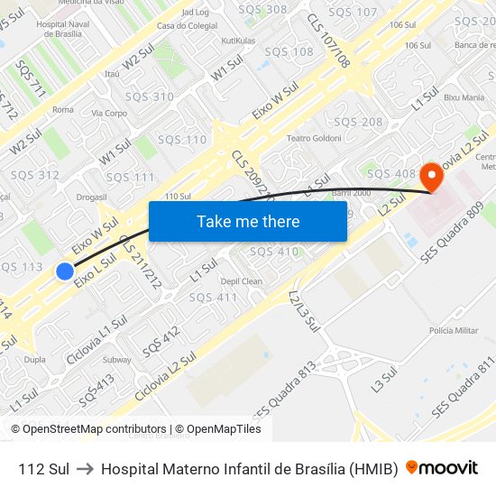 112 Sul to Hospital Materno Infantil de Brasília (HMIB) map