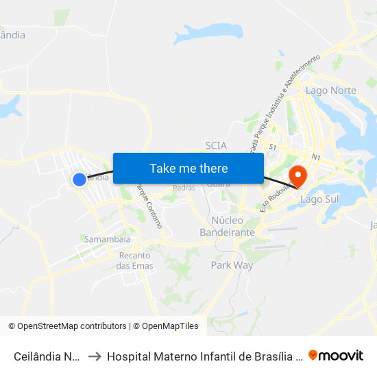 Ceilândia Norte to Hospital Materno Infantil de Brasília (HMIB) map