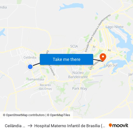 Ceilândia Sul to Hospital Materno Infantil de Brasília (HMIB) map