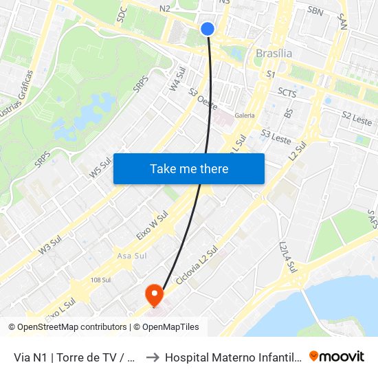 Via N1 | Torre de TV / SHN / McDonald's to Hospital Materno Infantil de Brasília (HMIB) map