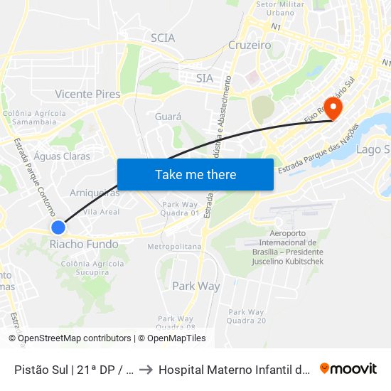 Pistão Sul | Csg 13 (21ª Dp) to Hospital Materno Infantil de Brasília (HMIB) map