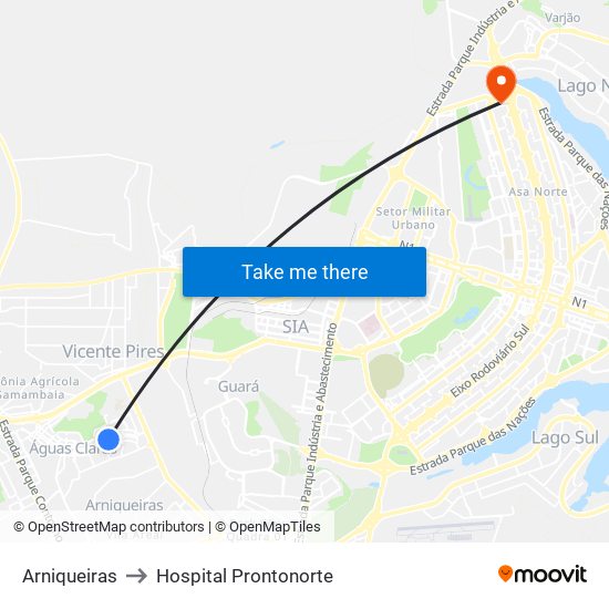 Arniqueiras to Hospital Prontonorte map