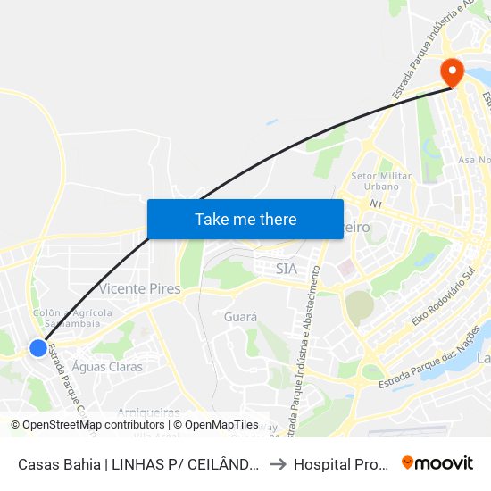 Casas Bahia | LINHAS P/ CEILÂNDIA/SEMIURBANO to Hospital Prontonorte map