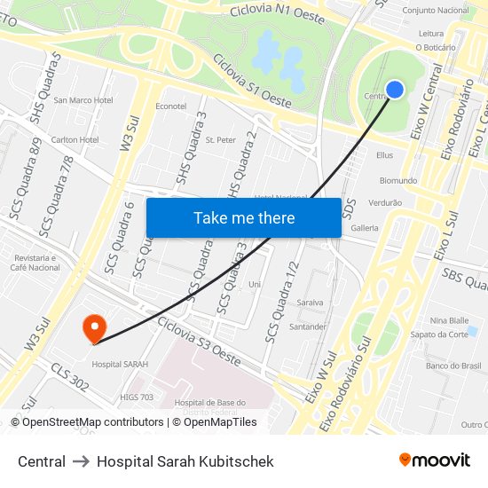 Central to Hospital Sarah Kubitschek map