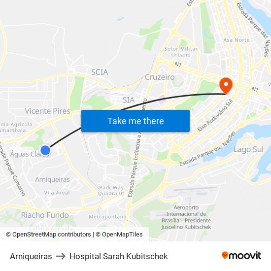 Arniqueiras to Hospital Sarah Kubitschek map