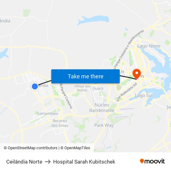 Ceilândia Norte to Hospital Sarah Kubitschek map